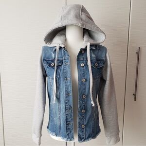 KanCan Light Blue Denim Jacket with Gray Hood